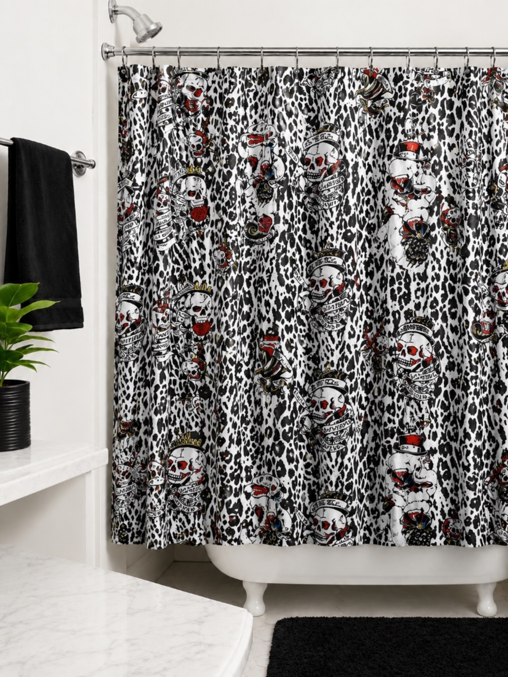New Ed Hardy Skull Leopard Shower Curtain Set 72x72 w/ PEVA Liner & 12 Hooks